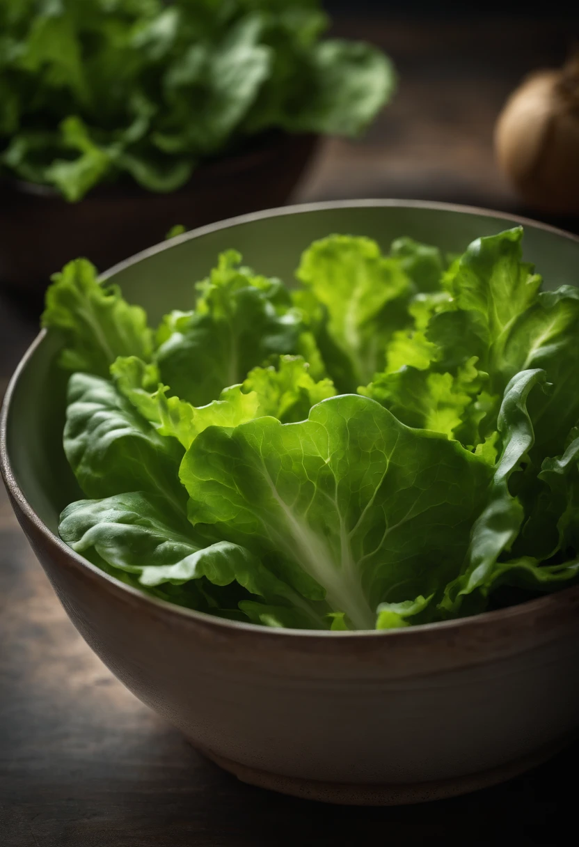 a top-down shot of a bowl filled with fresh, vibrant lettuce leaves, creating a visually pleasing and appetizing composition