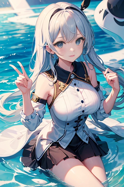 I&#39;m in a hurry、Blushing、Black ribbon on forehead、Full Body Shot、Semi-long hair、Pink Hair、pale blue eyes、、Swimsuit、pool、Medium breast、、whole body、stick out your butt
