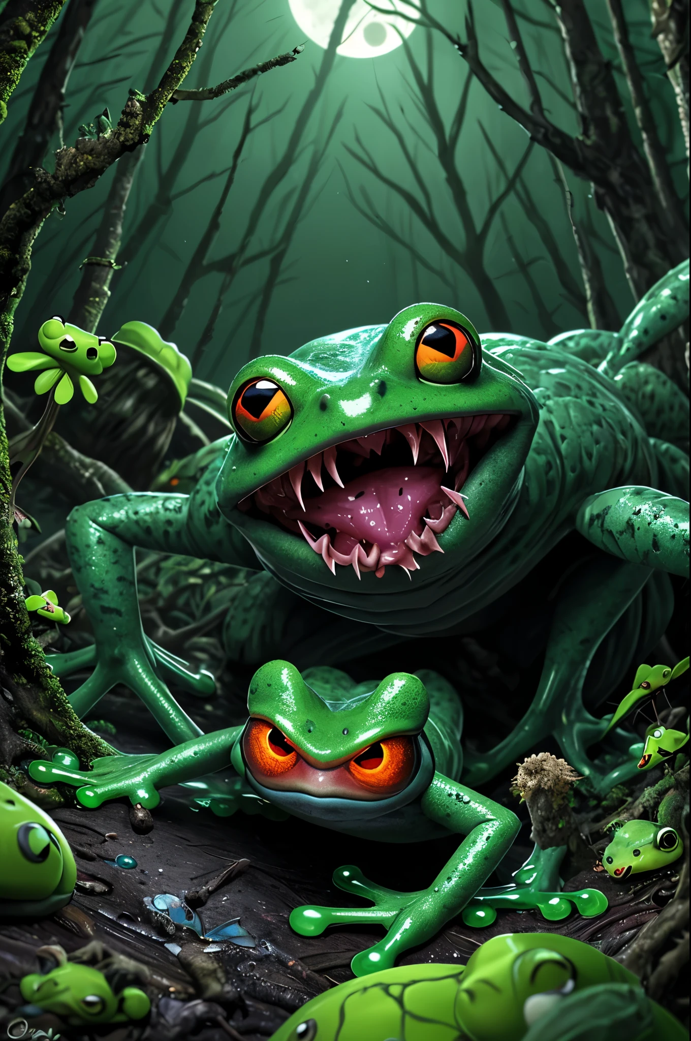 (a creepy,4k,highres)monster,frog-insect hybrid(cross,breed:1.1),scuttling quickly,through the forest,dark and eerie atmosphere,thick canopy,gnarled trees,abundant moss and overgrown vegetation,spooky glow from the moonlight,vibrant green moss covering the monster's slimy skin,detailed tendrils extending from its body,sharp insect-like mandibles,complex compound eyes,stunningly detailed iridescent wings,bulbous eyes(frog:detailed:1.1),dripping with venomous slime(colored:red,green:0.9),sinister hissing sound,ominous croaking sounds(pitched:lower:0.9),shadows dancing,moonlight filtering through the trees,creating ethereal patterns on the forest floor