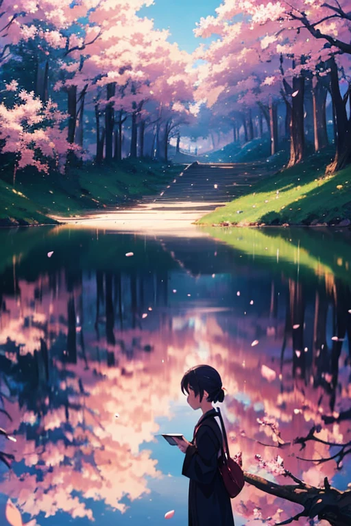 一个女人坐在树旁长凳上的anime scene, anime scene, TV animation stills, beautiful anime scenes, anime film still, Anime beautiful peaceful scene, kyoto animation still, screenshot from the anime film, animation stills, anime movie scene, Still from anime, Fiona Staples and Makoto Shinkai, Under the cherry blossom trees, Opening scene