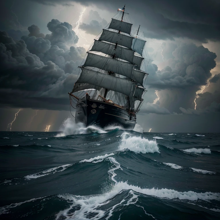 (best quality,4k,8k,highres,masterpiece:1.2),ultra-detailed,(realistic,photorealistic,photo-realistic:1.37),Barco, wild waves, storm, Captain gripping tightly to the mast,sailors struggling to control the sails,fierce wind and rain pounding the ship,thunder and lightning illuminating the dark sky,splashing waves crashing against the vessel,rippling reflection of the stormy skies on the turbulent sea,roaring ocean engulfing the ship, masts bending under the force of the tempest, dramatic clouds forming a menacing backdrop, intense waves rising and falling with tremendous power, massive swells threatening to capsize the ship, bravery and determination etched on the Captain's face, the ship bravely navigating through the treacherous waters, turbulent sea spray soaking the deck, surging waves crashing against the sides of the boat, ominous sense of peril looming in the atmosphere,sturdy ship battling against the elements, sailors' clothes billowing in the wind, the relentless storm testing the courage and resilience of the crew, looming darkness contrasting with occasional flashes of lightning.