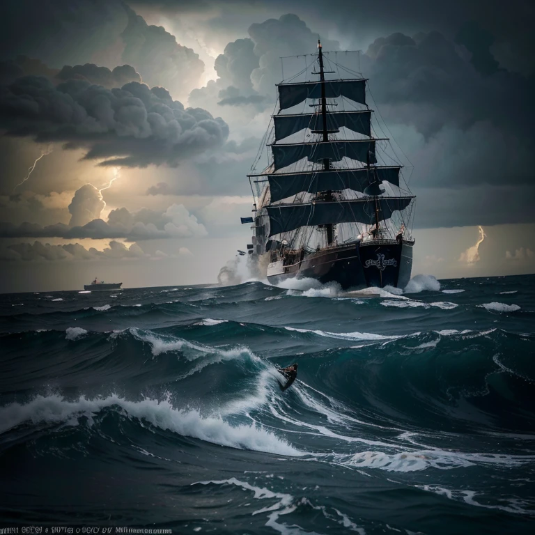 (best quality,4k,8k,highres,masterpiece:1.2),ultra-detailed,(realistic,photorealistic,photo-realistic:1.37),Barco, wild waves, storm, Captain gripping tightly to the mast,sailors struggling to control the sails,fierce wind and rain pounding the ship,thunder and lightning illuminating the dark sky,splashing waves crashing against the vessel,rippling reflection of the stormy skies on the turbulent sea,roaring ocean engulfing the ship, masts bending under the force of the tempest, dramatic clouds forming a menacing backdrop, intense waves rising and falling with tremendous power, massive swells threatening to capsize the ship, bravery and determination etched on the Captain's face, the ship bravely navigating through the treacherous waters, turbulent sea spray soaking the deck, surging waves crashing against the sides of the boat, ominous sense of peril looming in the atmosphere,sturdy ship battling against the elements, sailors' clothes billowing in the wind, the relentless storm testing the courage and resilience of the crew, looming darkness contrasting with occasional flashes of lightning.