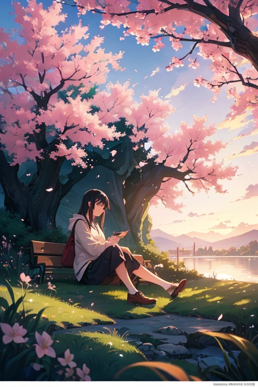 (best quality:1.2,ultra-detailed,realistic,anime,beautiful serene scene), girl sitting on a bench next to a tree, anime scenery, TV anime still, beautiful anime scenes, anime movie still, serene and peaceful anime scene, Kyoto Animation still, animated movie screenshot, animated frame, anime movie scene, inspired by anime, Fiona Staples and Makoto Shinkai, under a cherry blossom tree, opening scene