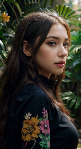 (best quality,ultra-detailed,photorealistic),young woman,beautiful eyes,detailed lips,pensive expression,soft lighting,vibrant colors,,long flowing hair,stylish black outfit, jungle background,colorful flowers,natural sunlight,serene atmosphere, natural round breasts, hourglass figure, 4k details,