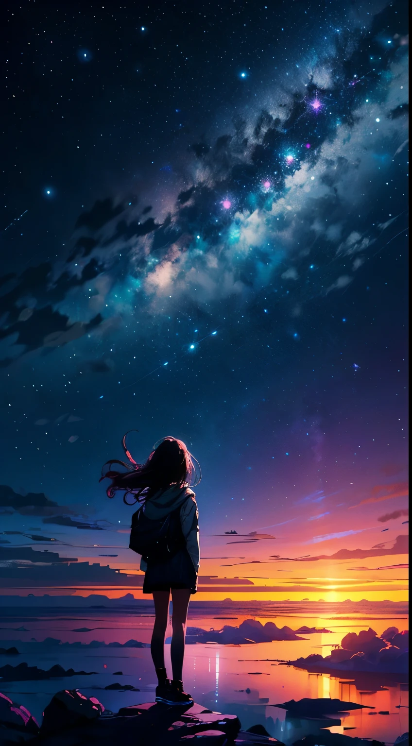 Perched on a faint cloud,  staring in awe at the breathtaking expanse. The night sky is alive with a sea of stars, Shimmering like diamonds scattered on a velvet canvas. Swirling cosmic phenomena, Drawing brightly colored streaks in a vast space. Her hair is gently tousled in the heavenly breeze, The silhouette of a girl stands as a witness to the beauty of the universe. Quiet and full of wonder, She will be part of this symphony of the universe, Her presence illuminates the infinite possibilities beyond the clouds.