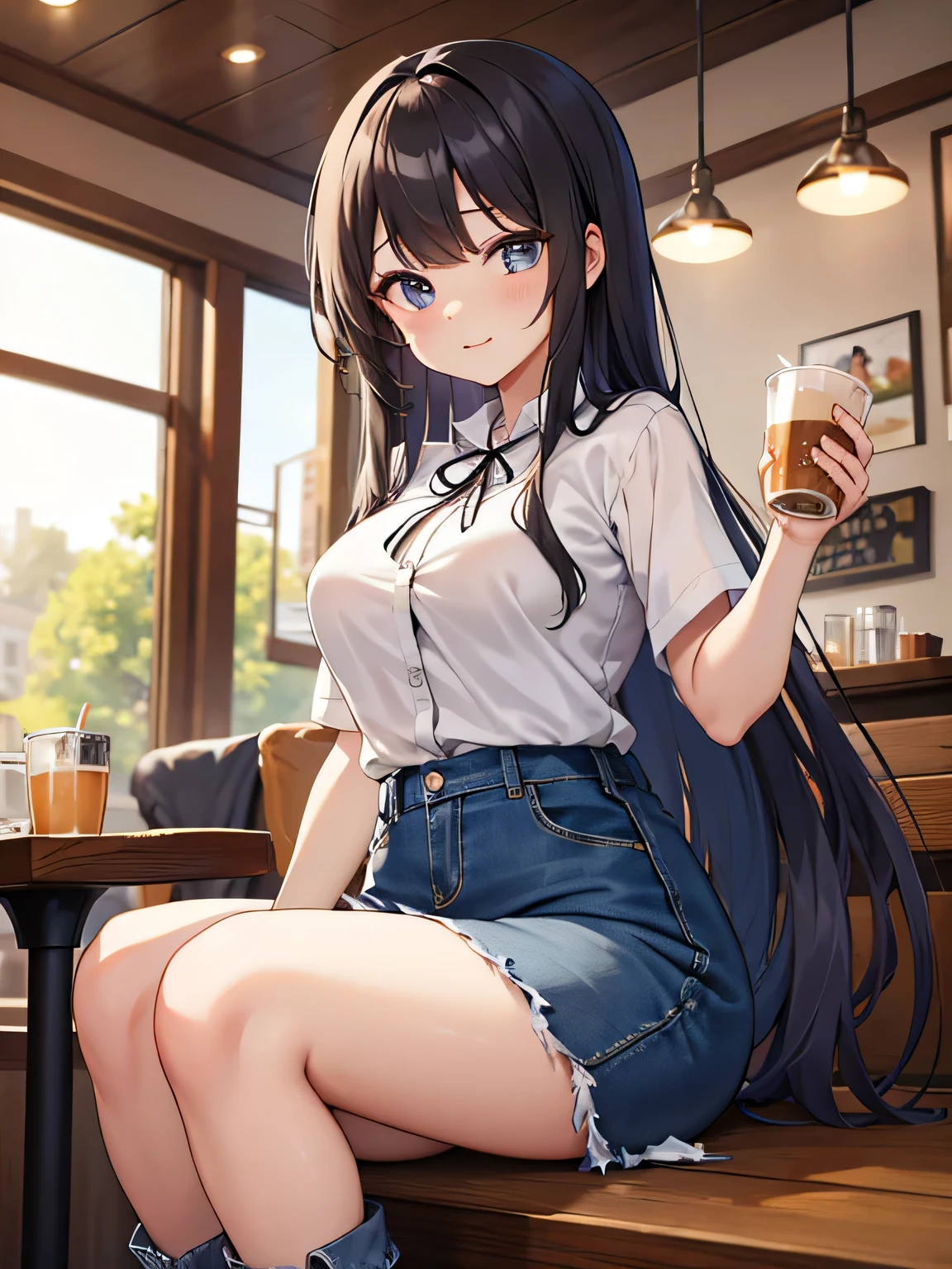 1 woman, sitting on a chair at a table, sexy curvy body, gorgeous, Dark dishevelled hair, languid and sad look, a little drunk, a bottle of wine on the table, holds a wine glass in her hand, (big tits), (waist is flat), wears blue jeans and a very low-cut, tight white T-shirt, masterpiece, hif realism, 4k