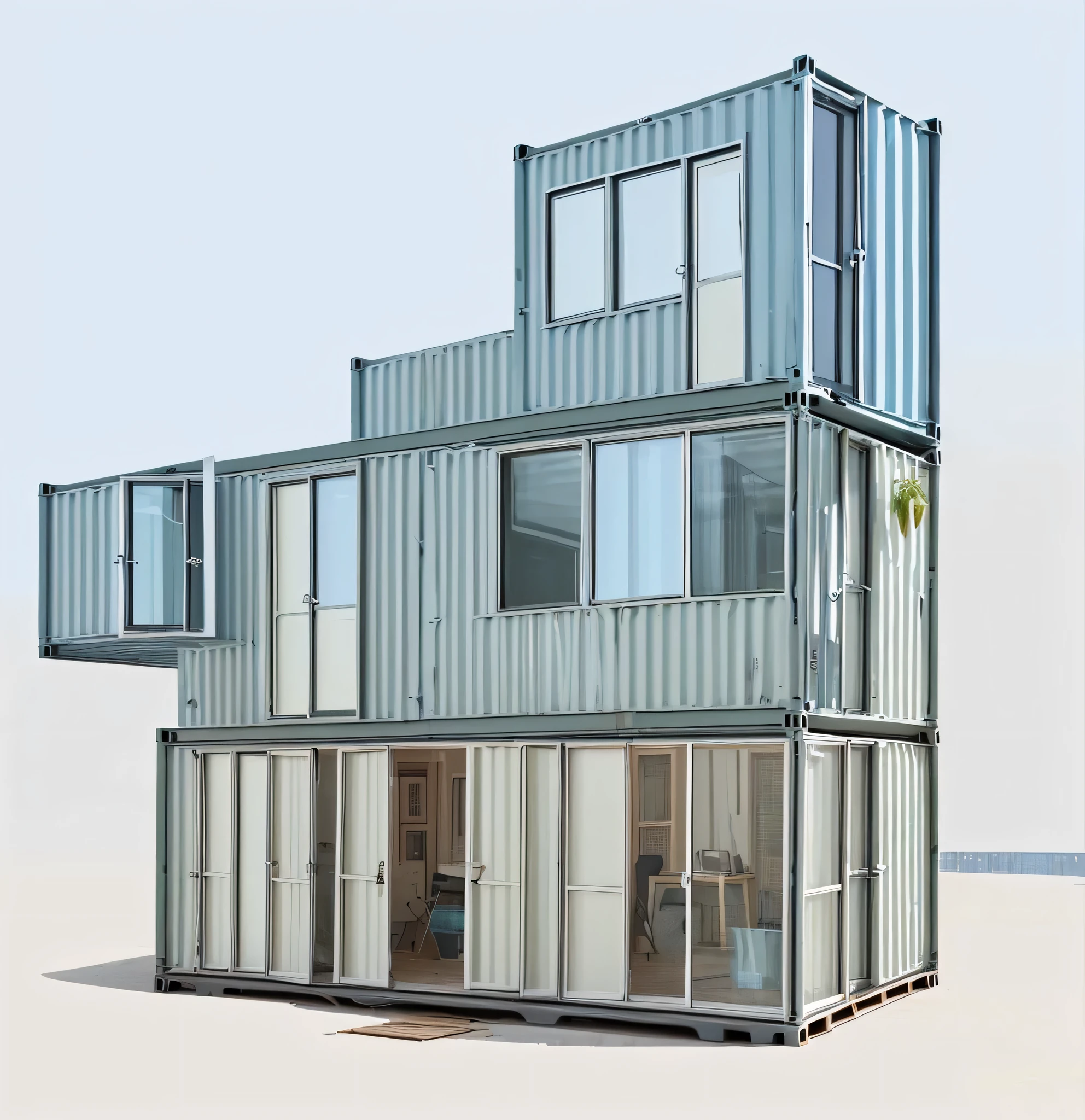 Real life buildings made from stacked shipping container materials or human shelters，architecture adopts lively、Stylish colors，windows are made of glass，Stereoscopic effect，need light and shadow，and painting buildings，Need a background with plants around it