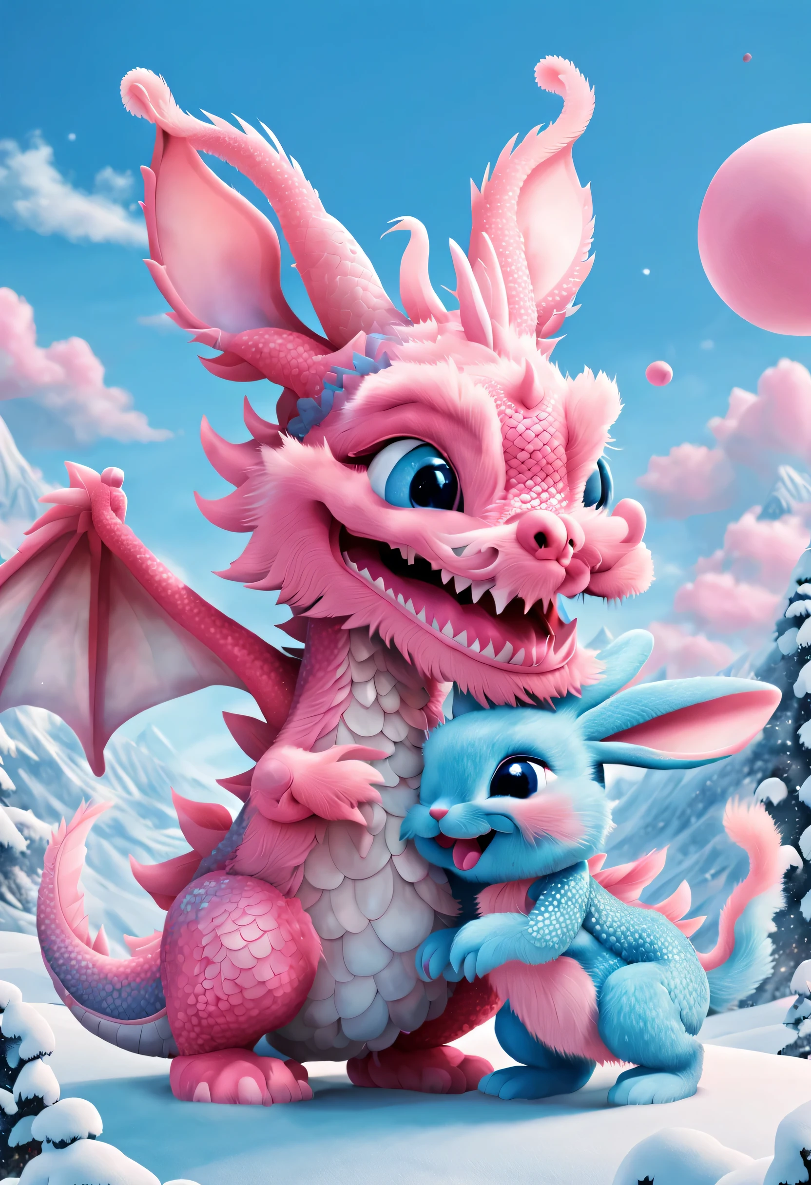 （2024 poster design），Pink and blue as main colors， (A cute and playful blue Chinese dragon is saying goodbye to a pink fluffy rabbit：1.37）,2024，a happy new year，