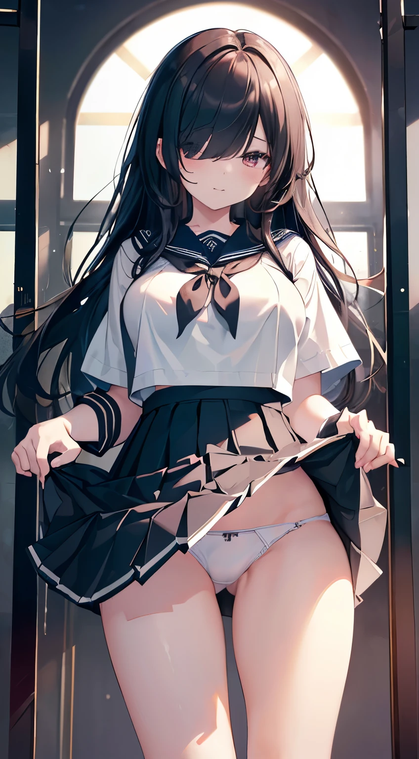 (top-quality、in 8K、32K、masterpiece、nffsw、超A high resolution、Impresionismo、Photorealsitic:1.2)、Colossal tits、cowboy shot, detailed faces and eyes、 Inside the classroom、Schools、Evening glow、beauitful face、blurry backround、16-year-old beautiful girl、shinny skin、Longdo、beautiful hair of black color、Blunt bangrown eyes、(I closed one eye、put index finger on mouth:1.2)、a sailor suit、Pleated miniskirt、Curve、(Lifting skirt、White panties are visible:1.4)、thighs thighs thighs thighs、(Navel Ejection:0.4)、dynamicposes