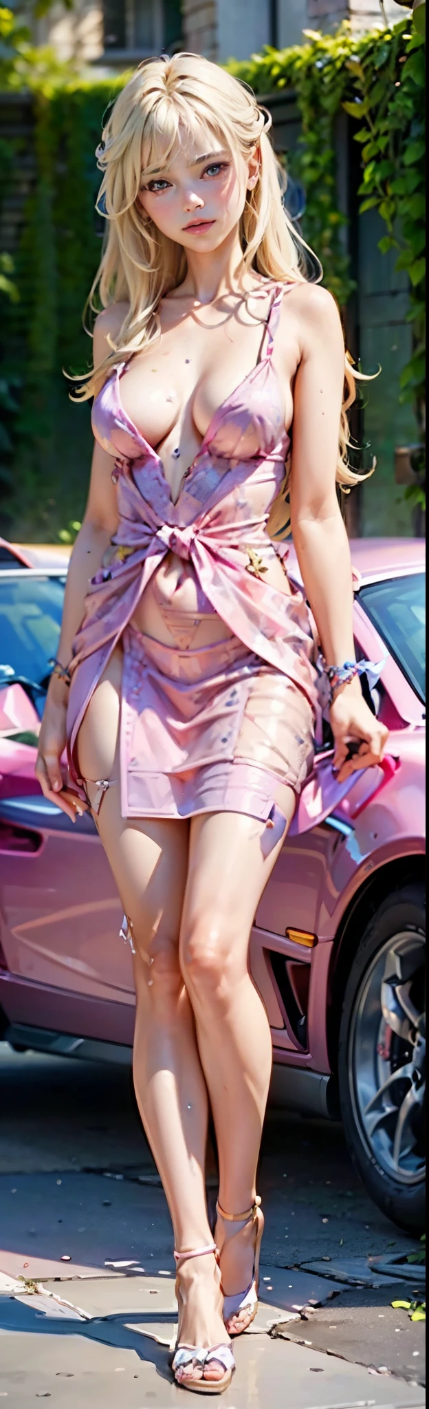 barbie blonde hair, wear pink summer dress , holding handbag, show cleaveage, outside house, in front of pink lambo, masterpiece, hyperdetail,8k , sharp eyes, masterpiece, best quality:1.2),,(8k,highres,RAW photo,realistic,photo-realistic:1.3),(detailed skin texture,detailed cloth texture,beautiful detailed face:1.25),professional lighting,photon mapping,beautiful soft light,radiosity,physically-based rendering,raytracing, model shoot style, model shoot style, (extremely detailed CG unity 8k wallpaper), full shot body photo of the most beautiful artwork in the world