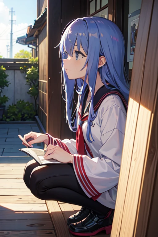 一个女人坐在房间长凳上的anime scene, squatting anime girl, Today’s recommended anime is still, TV animation stills, animation stills, High School DXD, no game no life, anime scene, in style of kyoto animation, in the anime film, robot gear, Madhouse Studio anime style, kyoto animation still