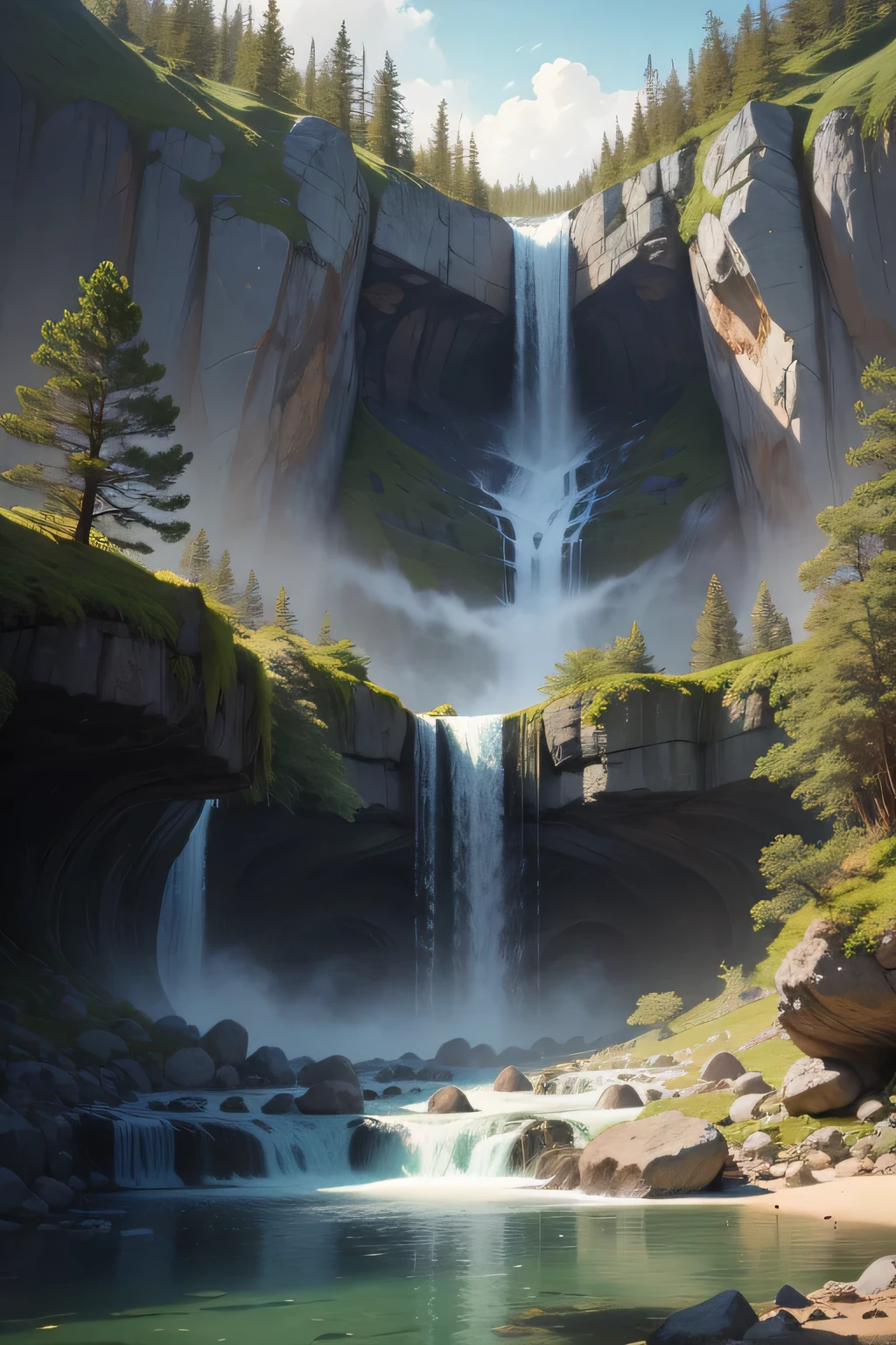 Big waterfall in the forest、two waterfalls、