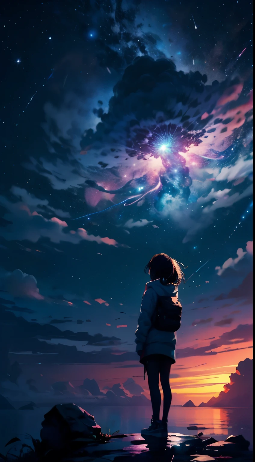 Perched on a faint cloud, Little girl staring in awe at the breathtaking expanse. The night sky is alive with a sea of stars, Shimmering like diamonds scattered on a velvet canvas. Swirling cosmic phenomena, Drawing brightly colored streaks in a vast space. her hair is gently tousled in the wind, girl's silhouette、Standing as a witness to the beauty of the universe. Quiet and full of wonder, she will be part of this cosmic symphony, Her presence illuminates the infinite possibilities beyond the clouds..