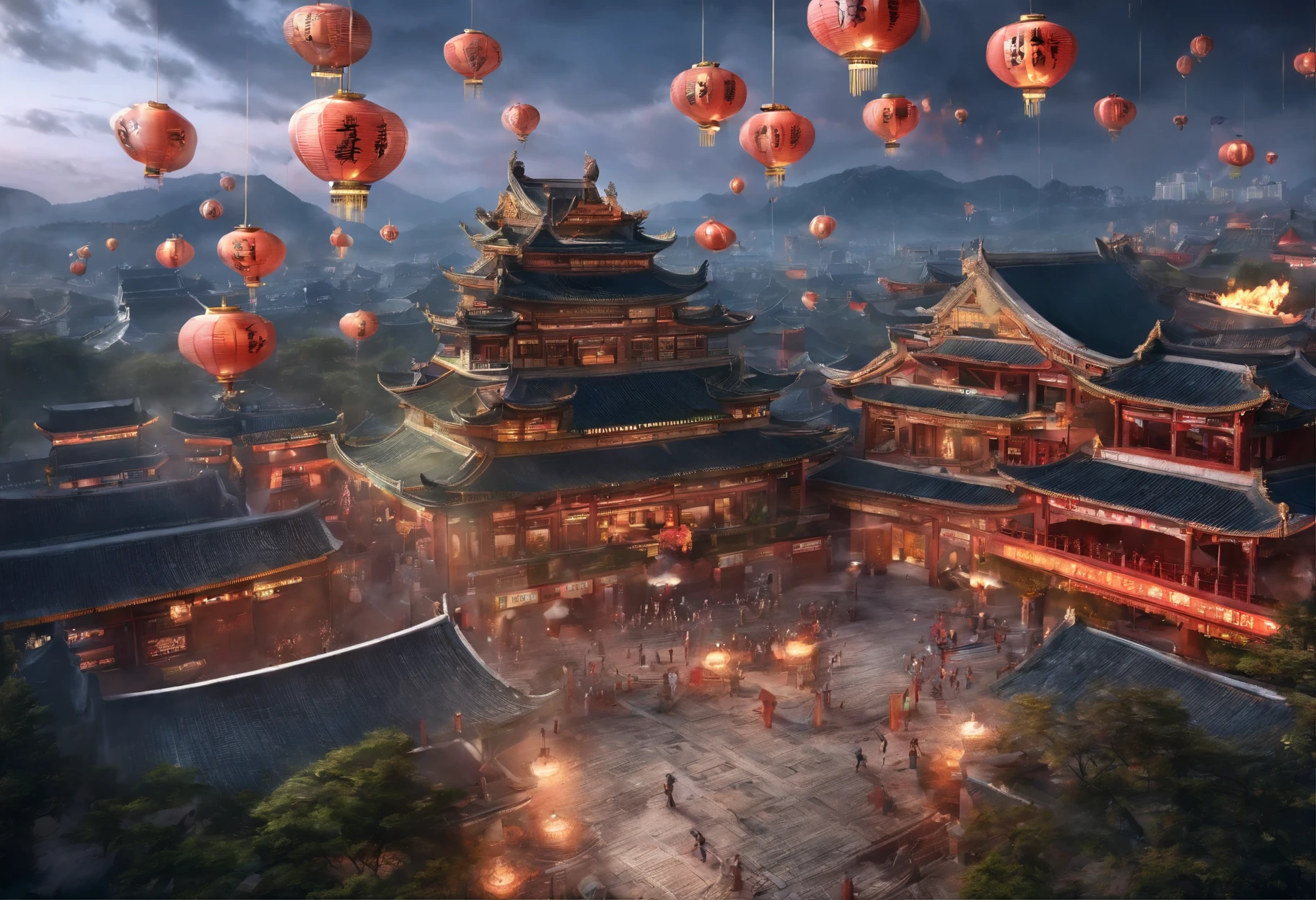 china idol New Year'eve,lanterns,china idol,dragon dance team,(((Gorgeous fireworks))),3d effect,a huge and prosperous city,natta,Flower Street is bustling with adults and children,high high quality,(16K resolution),((ultra - detailed)),((An artwork of)),hyper realisitc,电影灯光,Dynamic lines,OC Render,Low angle viewing angle