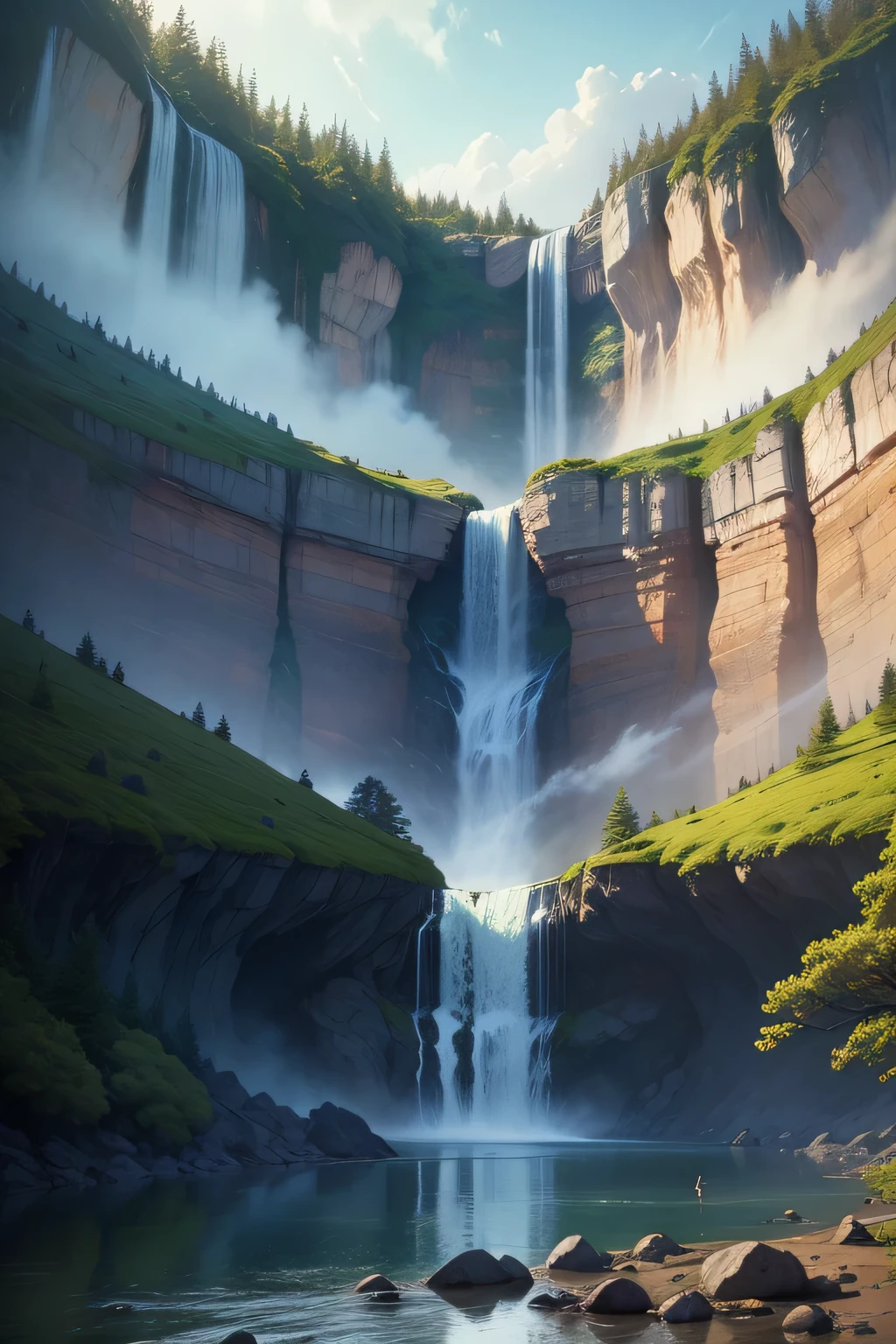 Big waterfall in the forest、two waterfalls side by side、Winter Forest