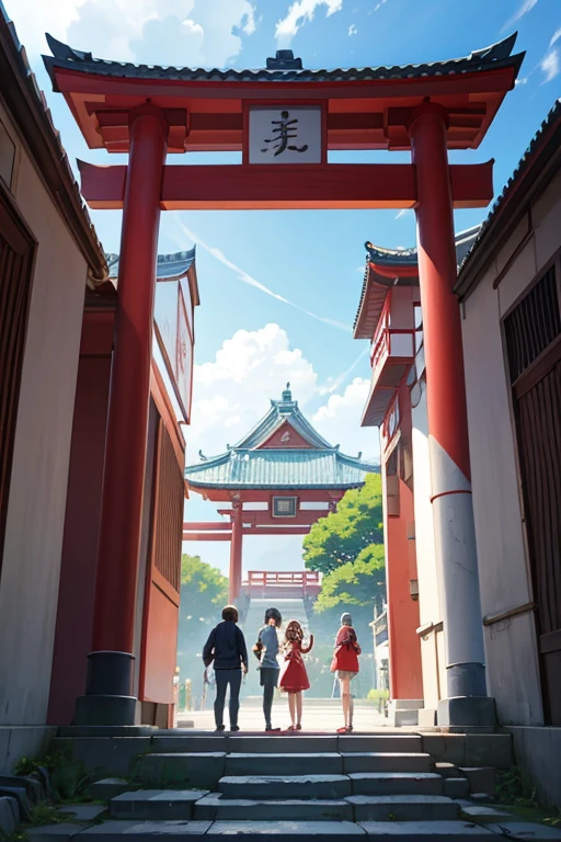 Animation scene of a family standing in front of the red building, 在一座In front of the temple, 稻荷shrines, anime jade camping, 这座shrines, shrines, anime scene, In front of the temple, 这座shrines附近, Today’s recommended anime is still, screenshot from the anime film, heroine ben vivid scenery, Anime Stills Anime Style