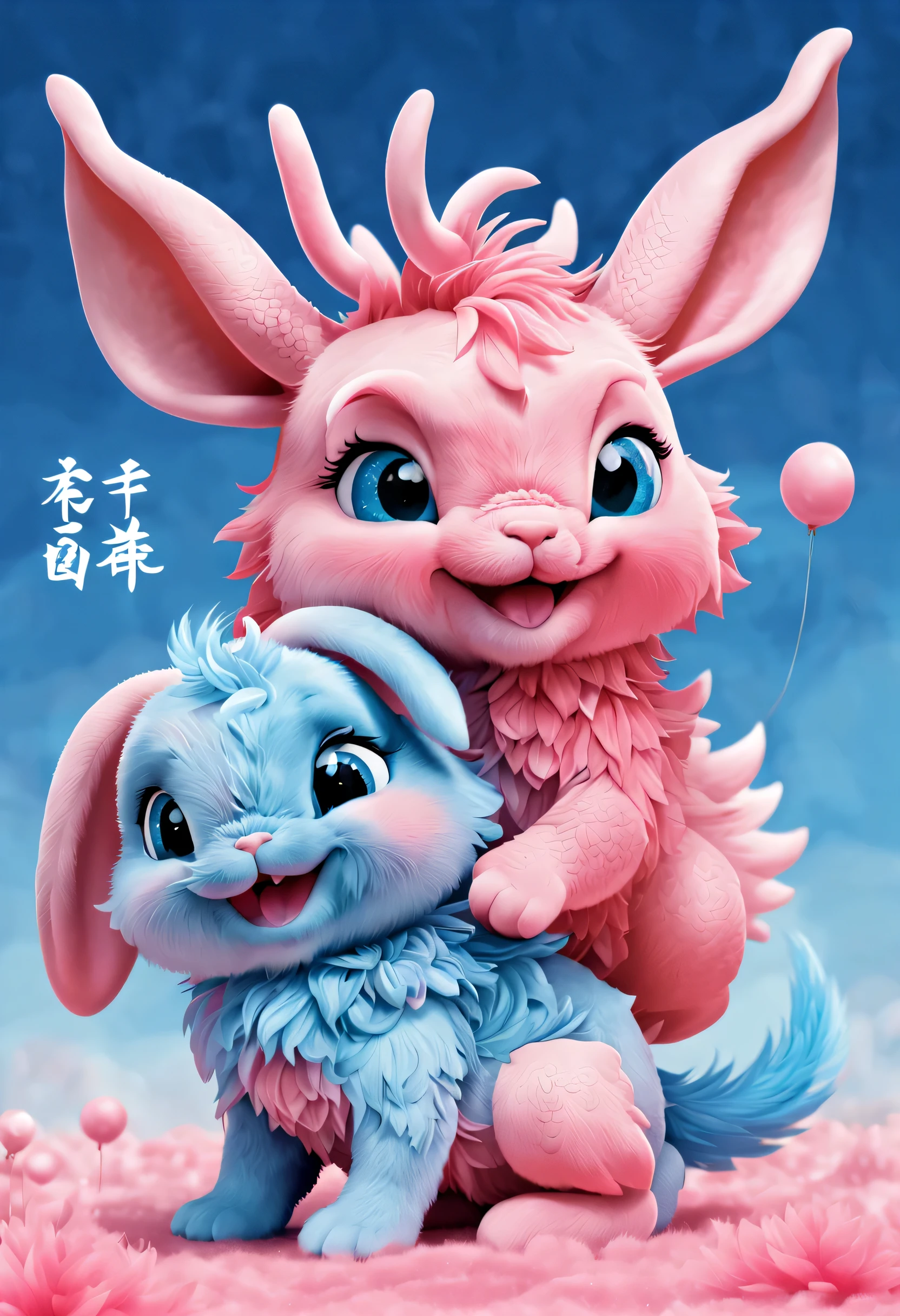 (2024 poster design),Pink and blue as main colors, (Cute and playful blue zodiac dragon is saying goodbye to pink fluffy bunny:1.37),2024,a happy new year,