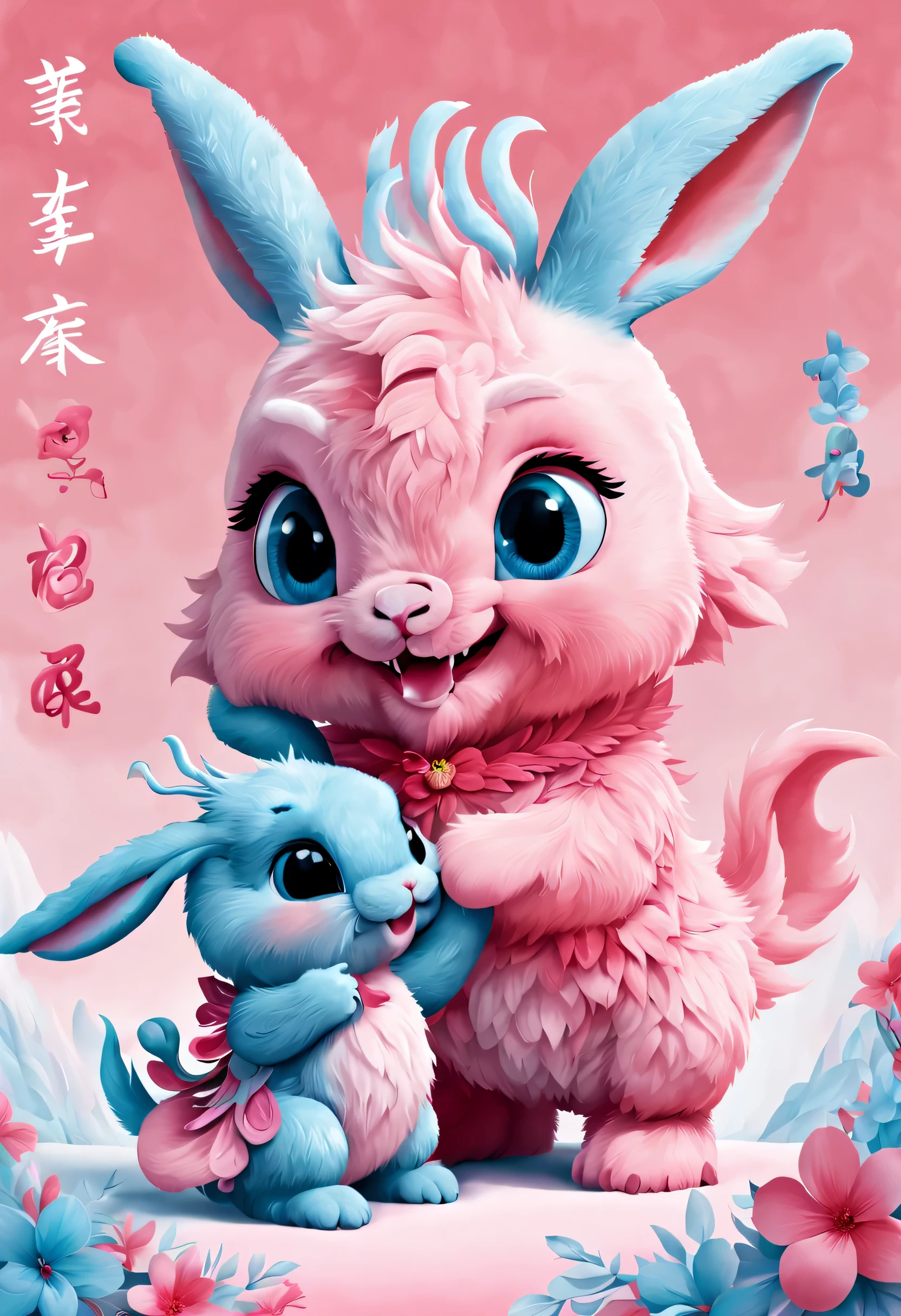 (2024 poster design),Pink and blue as main colors, (Cute and playful blue zodiac dragon is saying goodbye to pink fluffy bunny:1.37),2024,a happy new year,