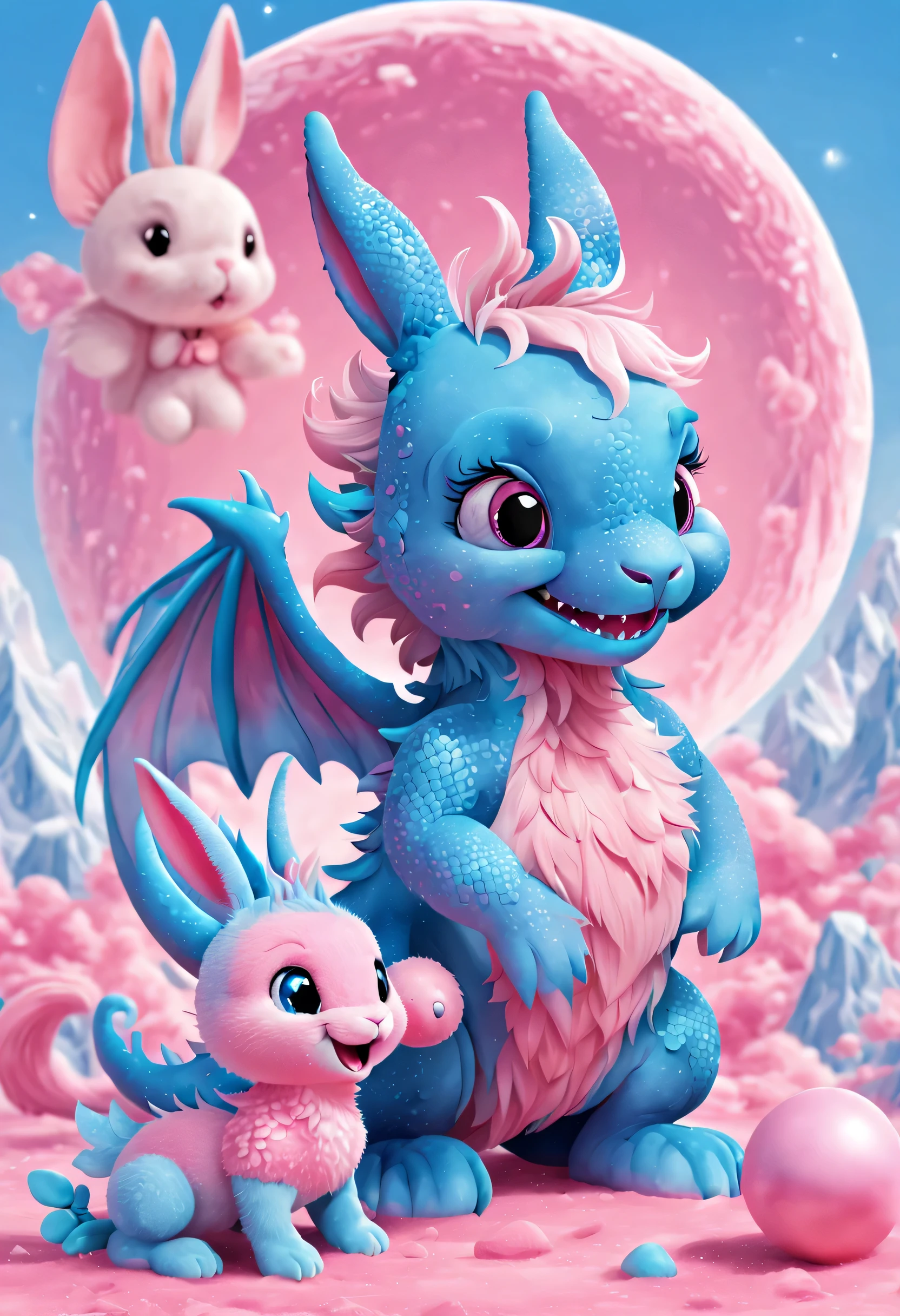 (2024 poster design),Pink and blue as main colors, (Cute and playful blue zodiac dragon is saying goodbye to pink fluffy bunny:1.37),2024,a happy new year,