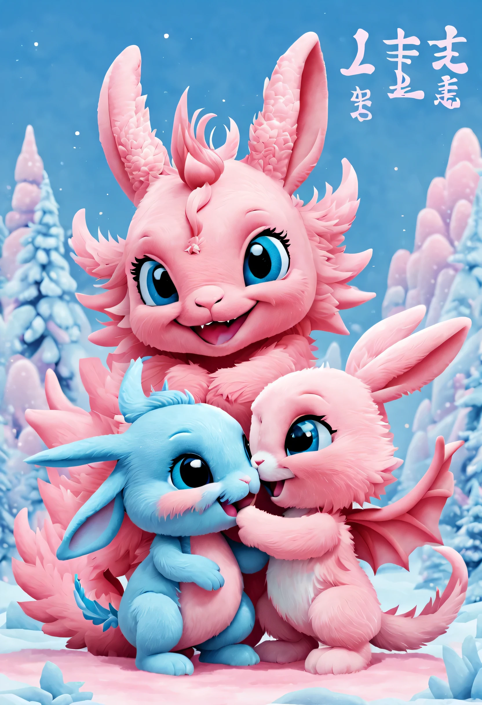 （2024 poster design），Pink and blue as main colors， (Cute and playful blue zodiac dragon is saying goodbye to pink fluffy bunny：1.37）,2024，a happy new year，