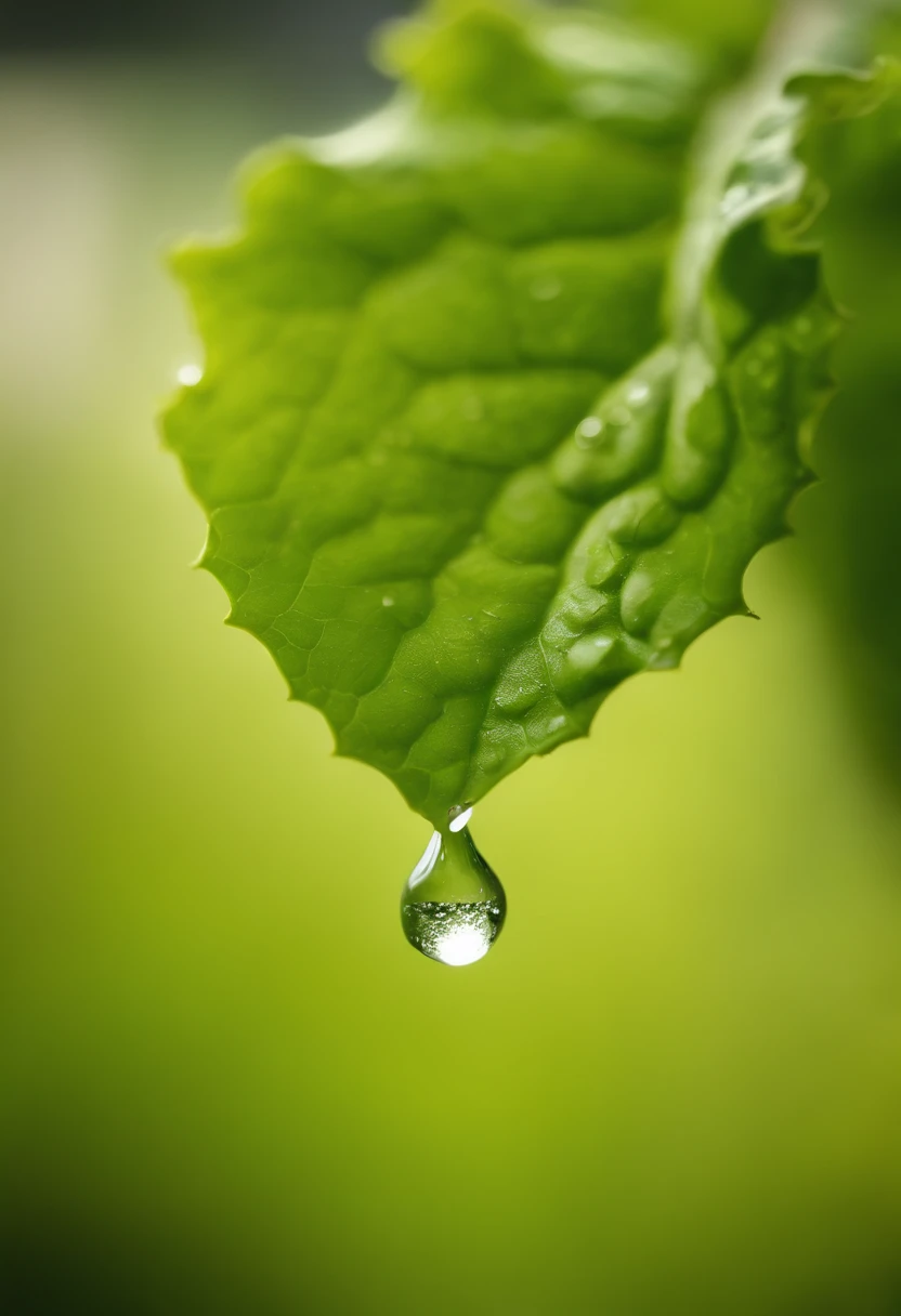 a detail shot of a droplet of water clinging to a leaf of lettuce, emphasizing its natural freshness and hydration
