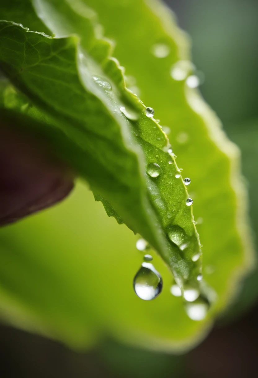 a detail shot of a droplet of water clinging to a leaf of lettuce, emphasizing its natural freshness and hydration