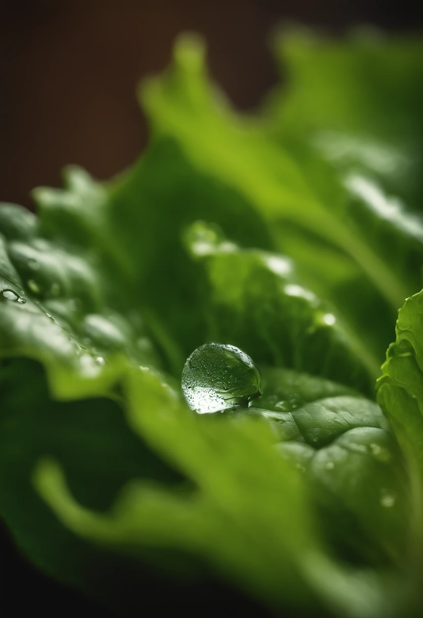 a detail shot of a droplet of water clinging to a leaf of lettuce, emphasizing its natural freshness and hydration