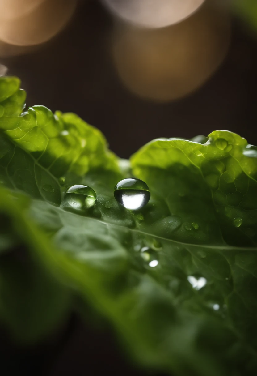 a detail shot of a droplet of water clinging to a leaf of lettuce, emphasizing its natural freshness and hydration