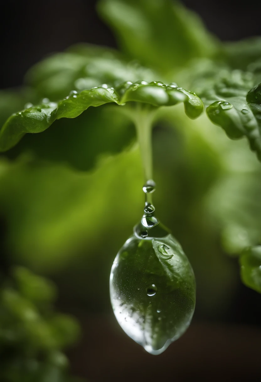 a detail shot of a droplet of water clinging to a leaf of lettuce, emphasizing its natural freshness and hydration