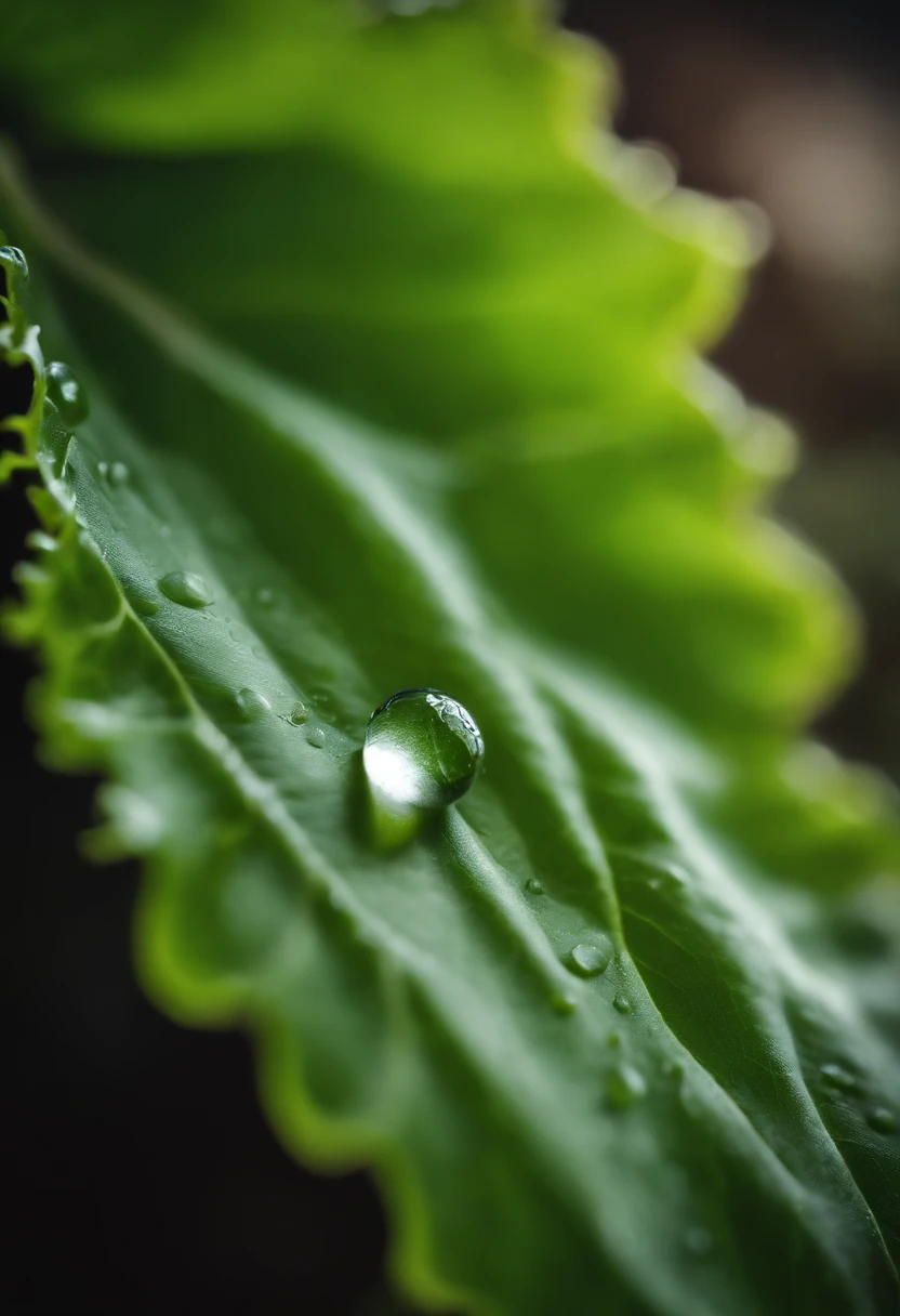a detail shot of a droplet of water clinging to a leaf of lettuce, emphasizing its natural freshness and hydration