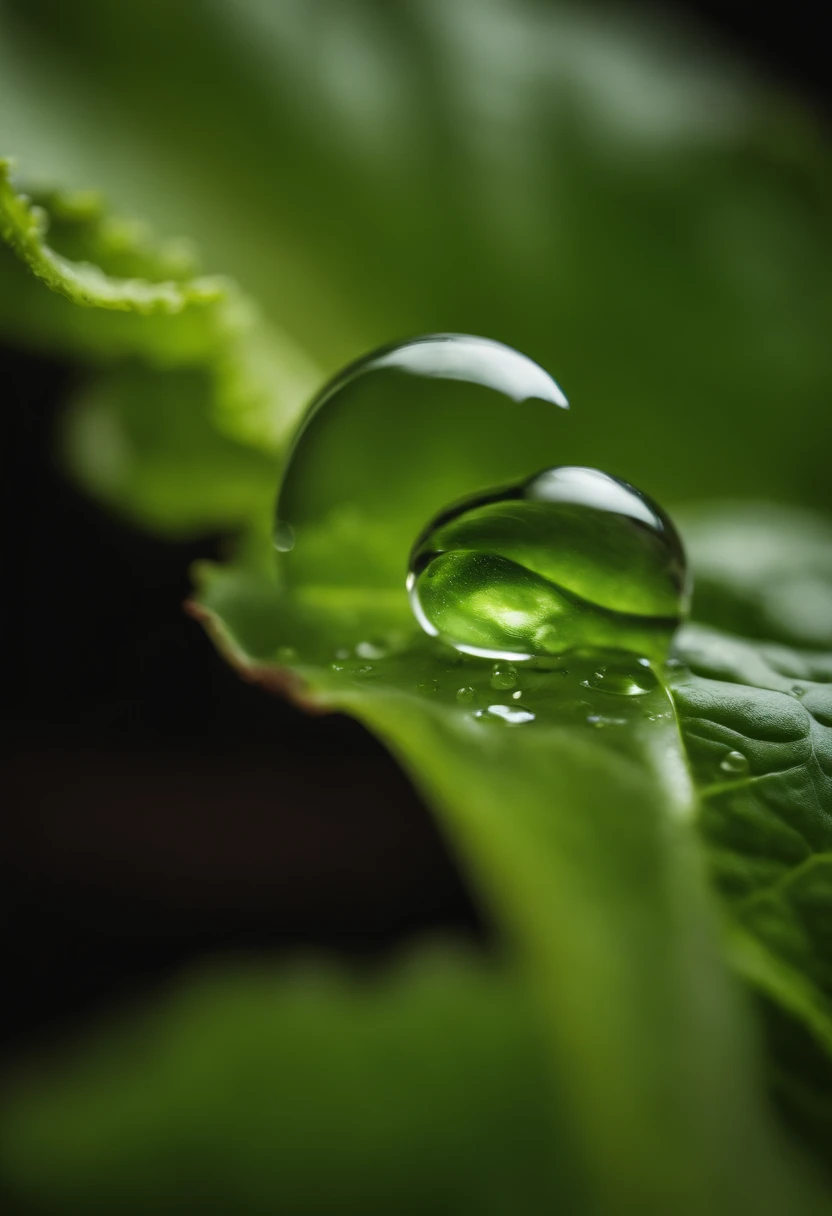 a detail shot of a droplet of water clinging to a leaf of lettuce, emphasizing its natural freshness and hydration
