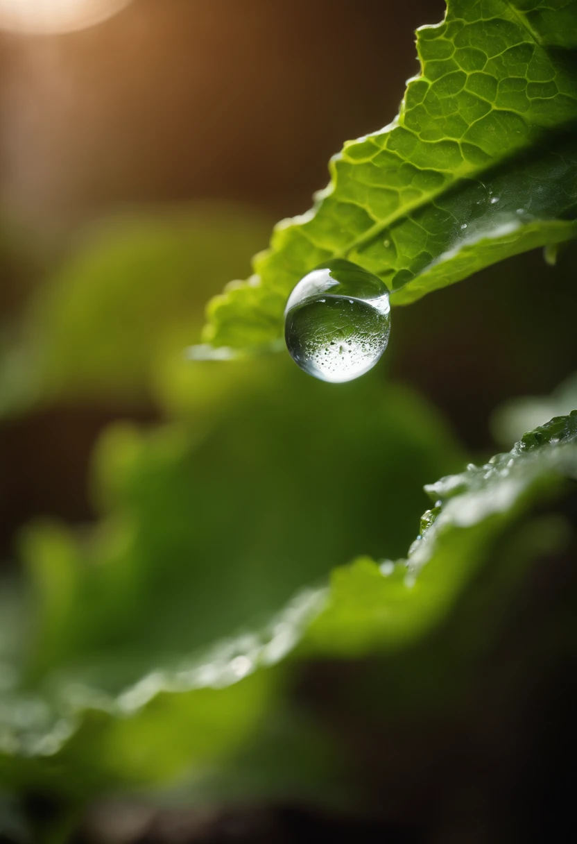 a detail shot of a droplet of water clinging to a leaf of lettuce, emphasizing its natural freshness and hydration