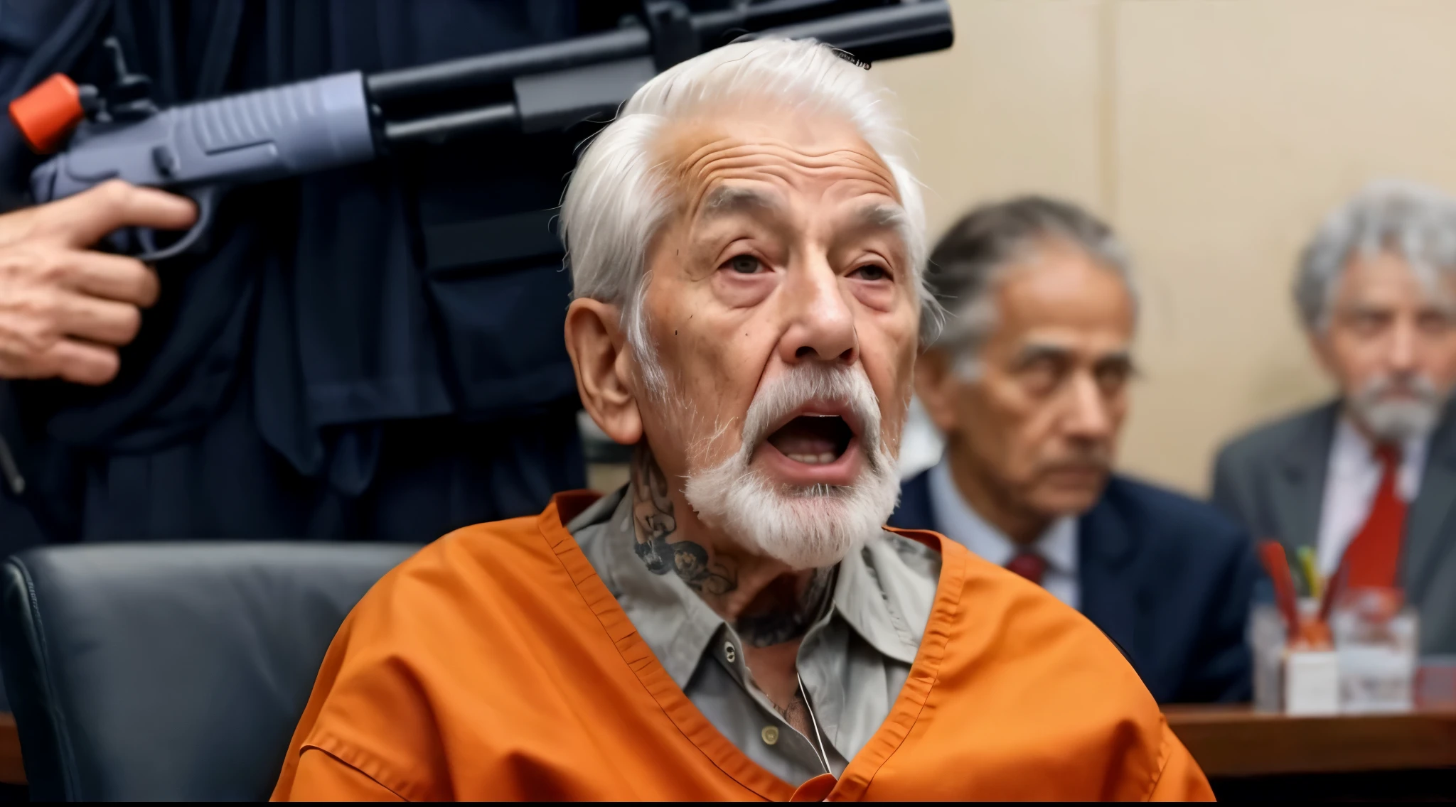 a close up of a person with many tattooed on face and neck, old man, old man, older man age 100, elderly man, an old man, the look of an elderly person, frail, ugly man, very shock and very old, an old man with red skin, elderly, 100 years old, 100 years old, perfect shading, sitting at the courtroom, background courtroom with witness at the back, old man wearing orange prison jumpsuit, old man is a criminal in the court, many witness at the back, old man open its mouth wit intense expression, very scared, at the back of the old man is a police holding a shot gun, many
 wrinkles on face and neck, fix the teeth of the old man, very realistic, 16k resolution,  very detailed image