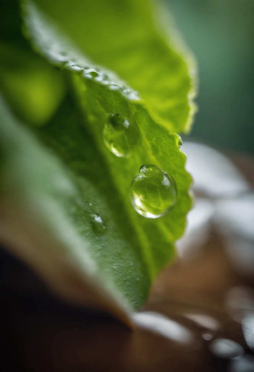 a detail shot of a droplet of water clinging to a leaf of lettuce, emphasizing its natural freshness and hydration