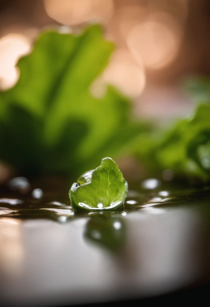 a detail shot of a droplet of water clinging to a leaf of lettuce, emphasizing its natural freshness and hydration