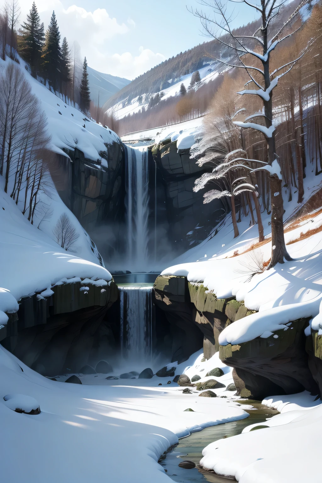 big waterfall in winter forest、two waterfalls、tome'snowflakes falling