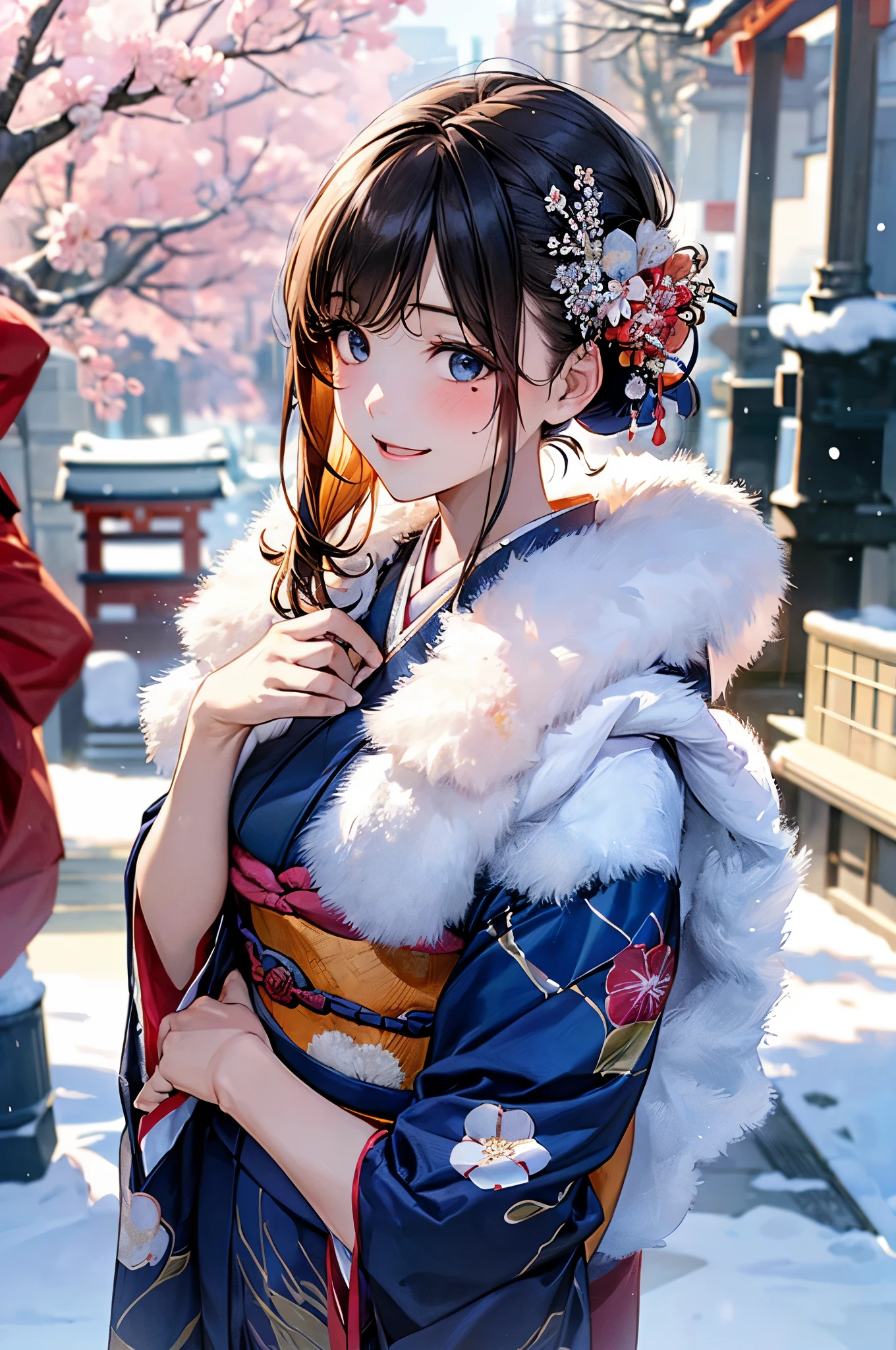 ((perfect anatomy, anatomically correct, super detailed skin)), 
1 girl, japanese, high school girl, shiny skin, large breasts:0.5, looking up, watching the view, 
beautiful hair, beautiful face, beautiful detailed eyes, (middle hair:1.5, japanese hair:1.5), black hair, blue eyes, babyface, mole under eye, 
(((dark blue kimono, luxury floral kimono, fur muffler), hair ornament)), 
((smile:1.5, open your mouth wide)), walking, 
(beautiful scenery), winter, dawn, (new year's day, first visit), hokkaido, sapporo, outside hokkaido shrine, crowd, snow, snowfall:1.5, freezing weather, frost, 
(8k, top-quality, masterpiece​:1.2, extremely detailed), (photorealistic), beautiful art, visual art, depth of fields, natural lighting,