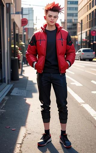 (best quality,4k,8k,highres,masterpiece:1.2),ultra-detailed,(realistic,photorealistic,photo-realistic:1.37),red-haired young man with a mohawk haircut, standing on the street, full body, skater outfit