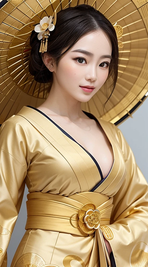Ultra detailed of gold-white outline adorning, intricately on a body beautiful(Geisha)woman(Japan traditional patterns colored on body), golden city , ,clear light , dynamic pose ,Gustav Klimt style, upper body ,luxury