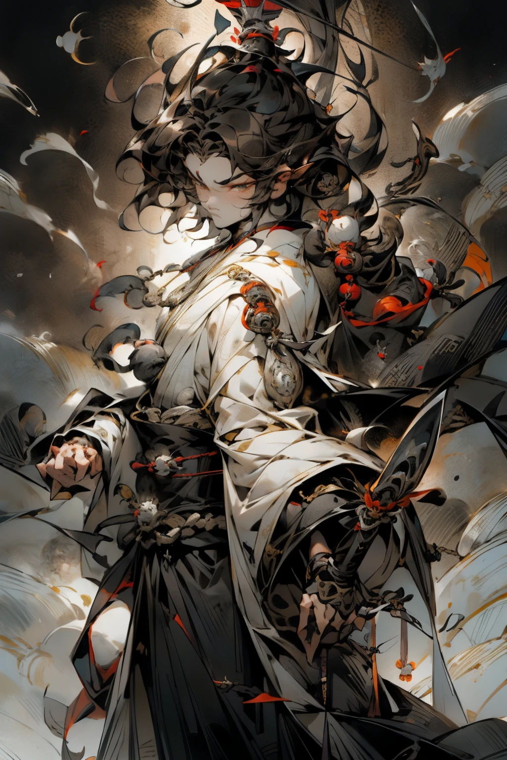 1boys, monk clothing, only, Messy brunette hair,curlies， 黑The eye, capes,  Shaolin，prayer beads，swordsmen，Vajra Lux, musculature，Strong, short detailed hair,  Background with, Alone,，Fierce,flat form style , ((tmasterpiece))，Demon God，asura from chinese myth