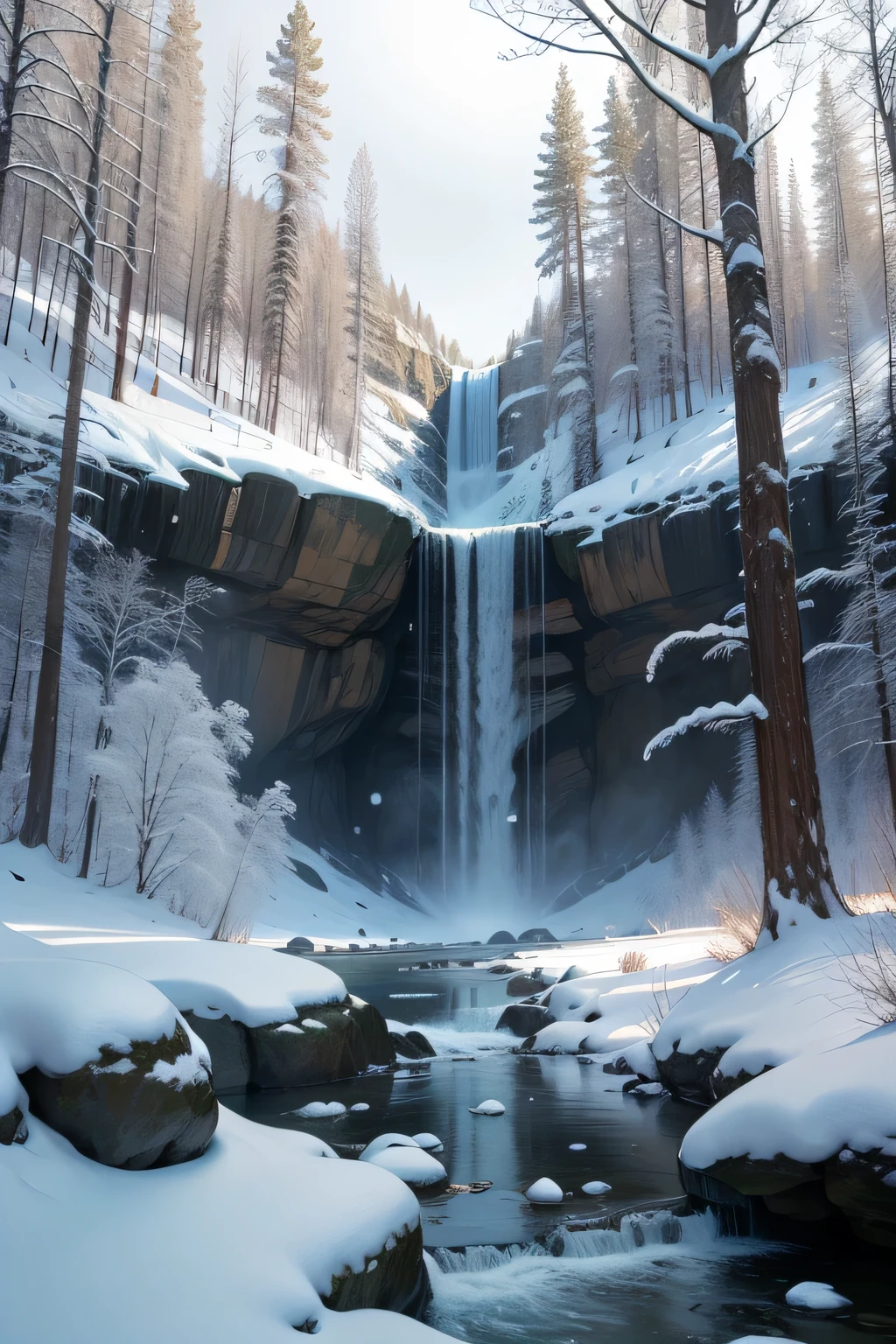 big waterfall in winter forest、two waterfalls、tome'snowflakes falling