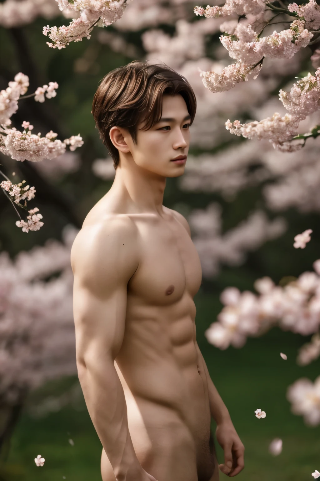 masterpiece,extremely detailed CG unity 8k wallpaper,1boy, beautiful, realistic, blurry, blurry_background, blurry_foreground, branch, brown_hair, plum blossom, depth_of_field, flower, nose, realistic, solo,chinese, wearing nothing, completely naked,