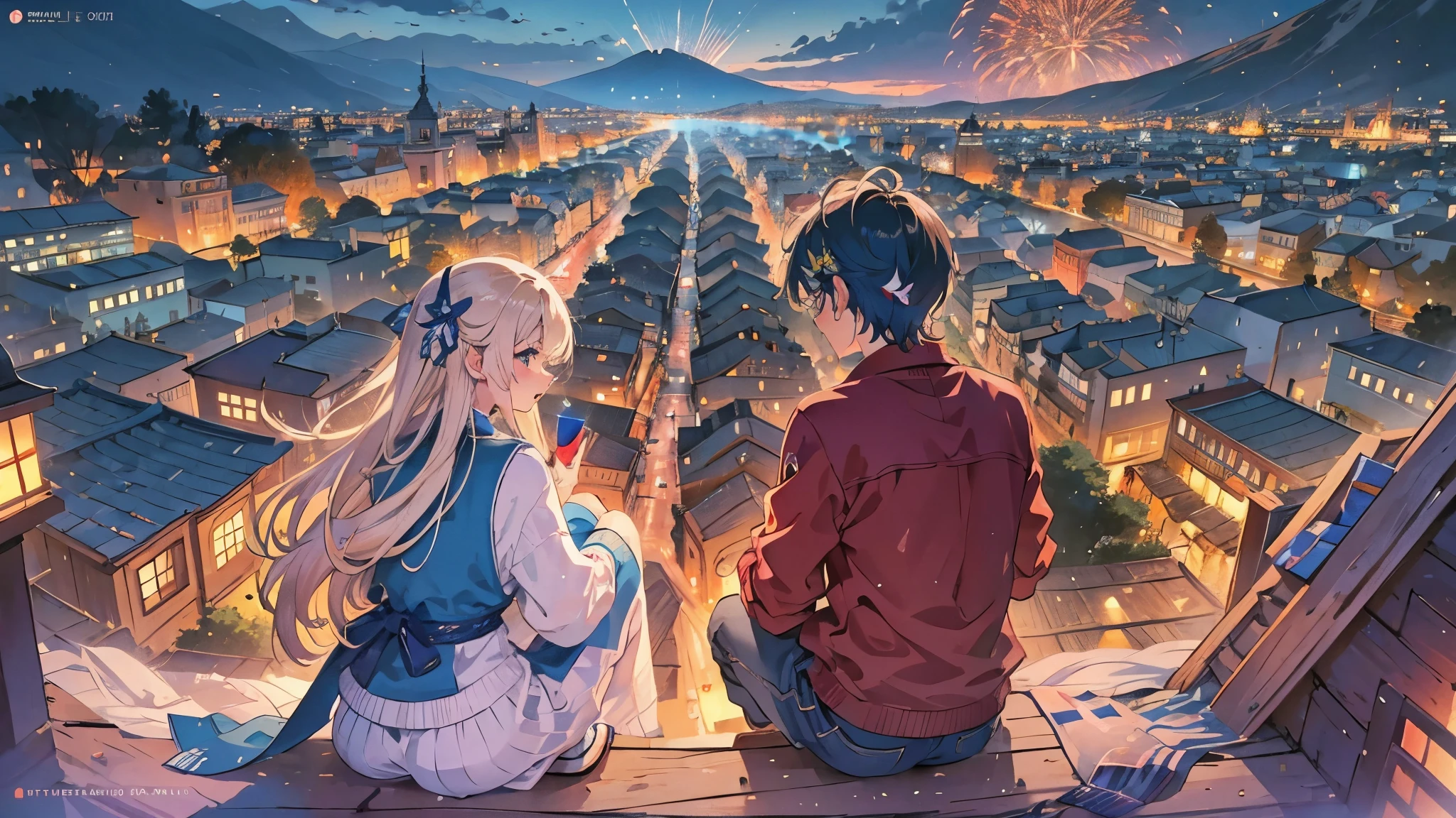 Generate a captivating anime scene featuring a boy and a girl sitting with their backs to the viewer on the rooftop of a building in Arequipa, Peru, while they enjoy the city's New Year's Eve fireworks. The girl should be dressed in a dazzling fantasy outfit inspired by Honkai Impact, and the boy in casual and sporty clothing. Capture the excitement and magic of the moment, emphasizing the connection between the characters and the festive atmosphere of the occasion. Ensure both characters are facing away from the viewer to add a sense of mystery and anticipation. Include authentic details of Arequipa and the local architectural style to give a unique touch to the scene --auto --s2