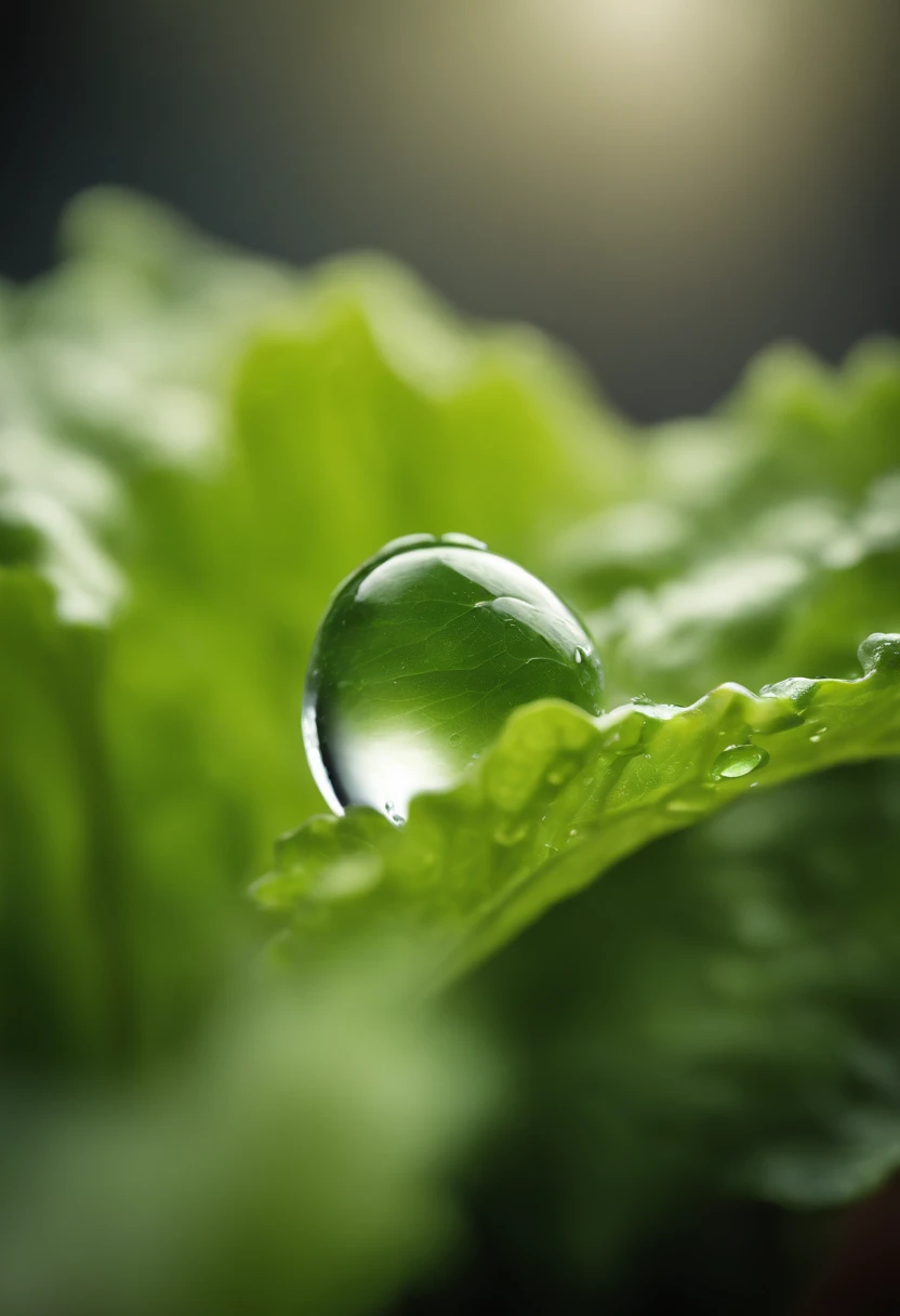 a detail shot of a droplet of water clinging to a leaf of lettuce, emphasizing its natural freshness and hydration