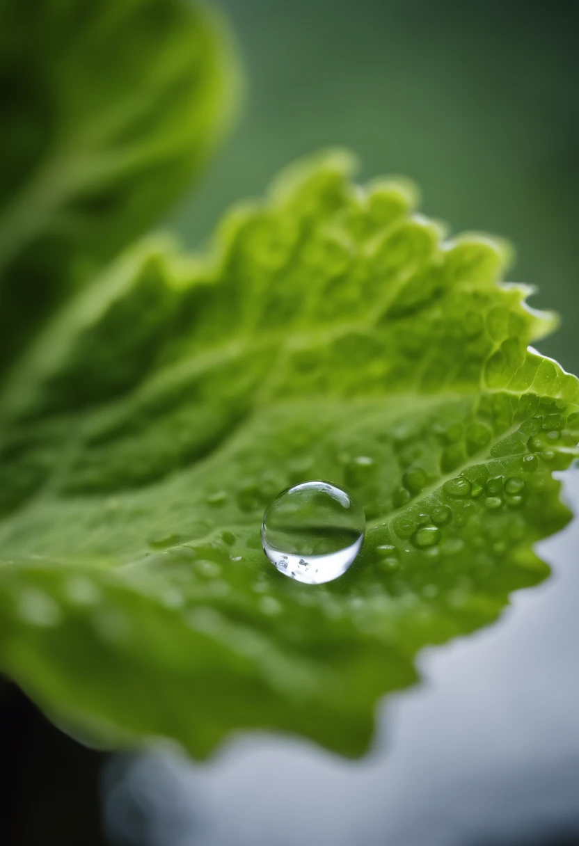 a detail shot of a droplet of water clinging to a leaf of lettuce, emphasizing its natural freshness and hydration