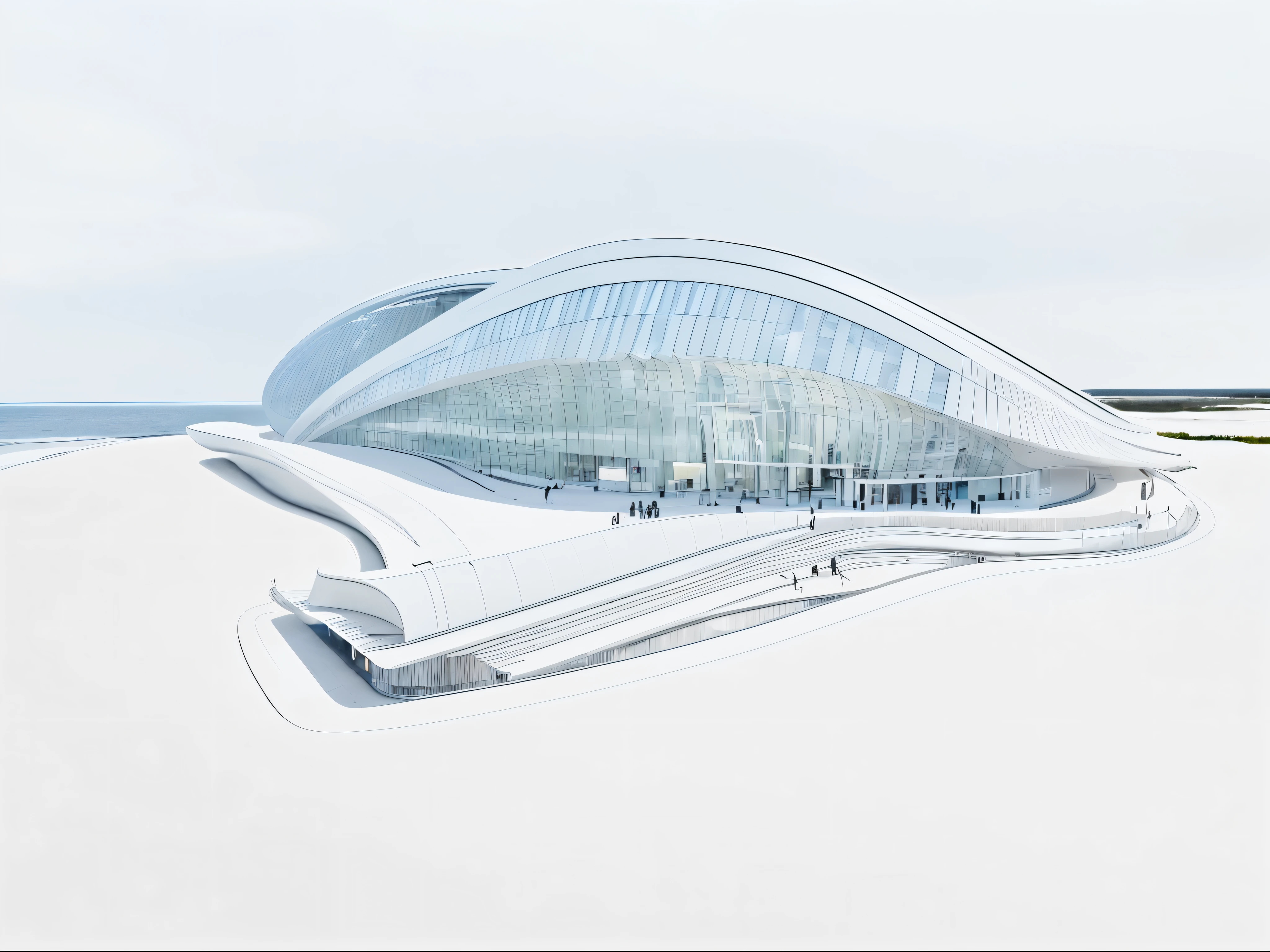 Real-world scenarios,curved ring building,Nordic style,white architecture,Every scene in the glass building,Rich details,Architectural texture light and shadow enhancement,Background with beach and woods,natta,Warm light shines through the glass