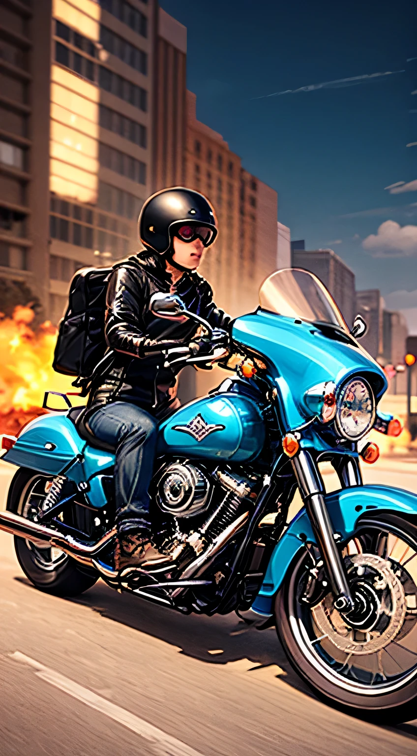 Create a psychedelic biker illustration with a classic Harley Davidson bike..