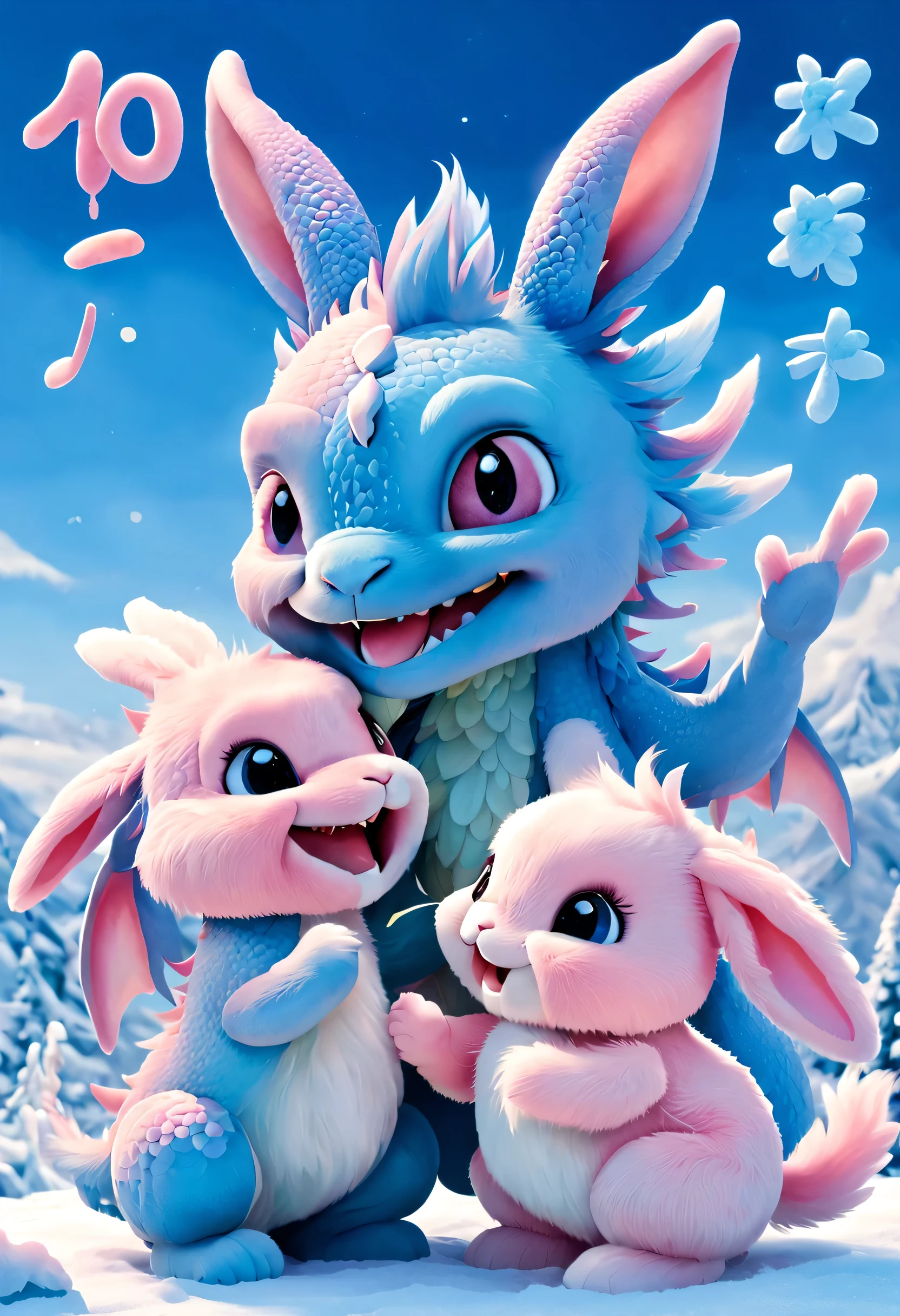 （2024 poster design），Pink and blue as main colors， (Cute and playful blue zodiac dragon is saying goodbye to pink fluffy bunny）,（No. 2024），a happy new year，