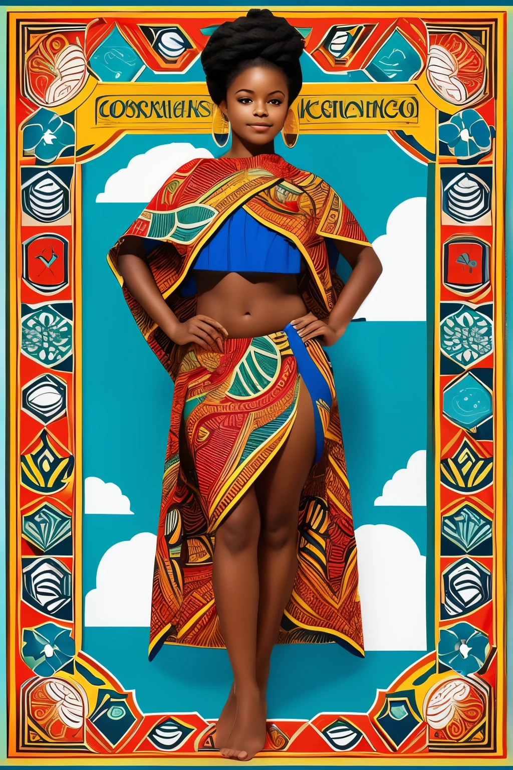 O logotipo , orisha, africano,
realista 8k,para b imagens de escrito .C & V. With Cape Verde pattern that represents Cape Verde culture.Adicione mais elementos culturais de Cabo Verde. Fotografia ,插圖 ,Garment based graphic: Traje representativo da bandeira de Cabo Verde - azul profundo, branco, vermelho e dourado, com elementos tribais discretos, vision, plano completo, vista frontal, vista traseira, Estilo Art Vista de Corpo Inteiro ,Multiple views and poses, various points of view, de um corpo inteiro,design