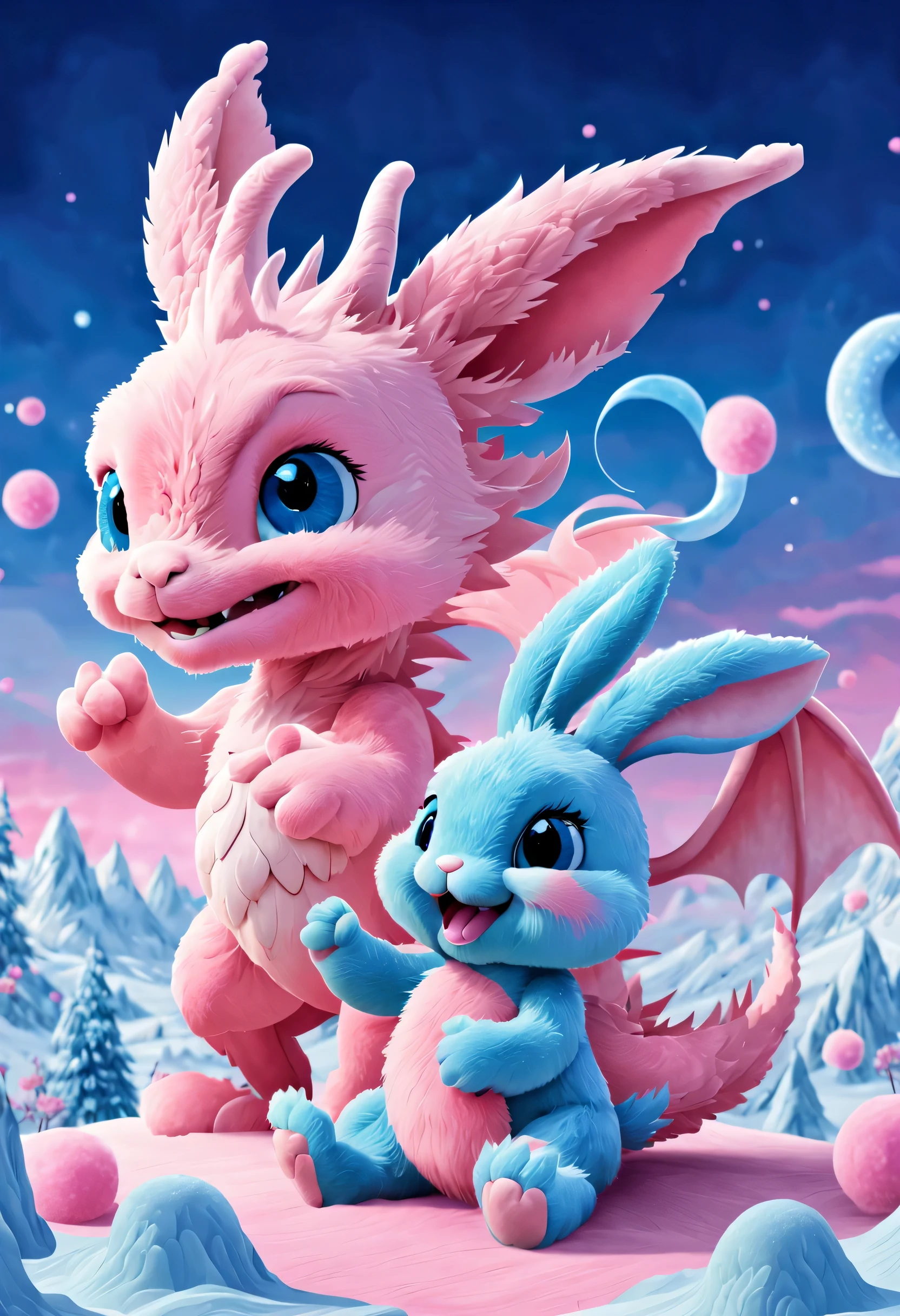 （2024 poster design），Pink and blue as main colors， (Cute and playful blue zodiac dragon is saying goodbye to pink fluffy bunny）,（No. 2024），a happy new year，